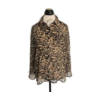 JM Collection Blouse Size 10 Petite Sheer Leopard Brown Long Sleeve Button down